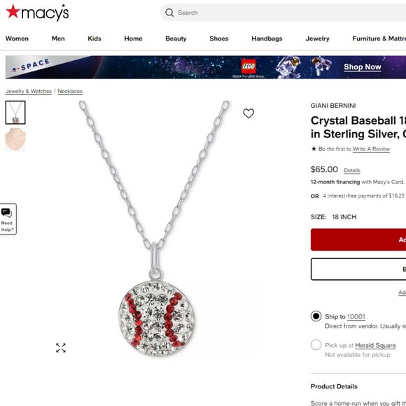 Macy's Jewelry - Macy's GIANI BERNINI Crystal Baseball 18" Pendant Necklace in Sterling Silver